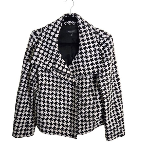 Talbots Black White Wool Blend Houndstooth Moto Style Zip Closure Jacket Size 8 - Picture 2 of 6
